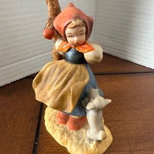 Vintage Lefton Little Red Riding Hood Figurine Ceramic Girl Dog Tree Apple‎